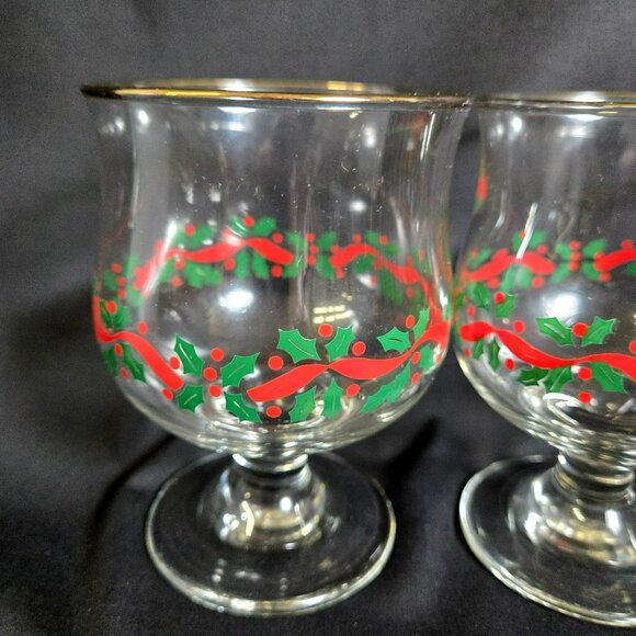 Set (6) Libbey Holly Berry Champagne Sherbet Goblets Gold Rim Christmas Glasses - Picture 5 of 16